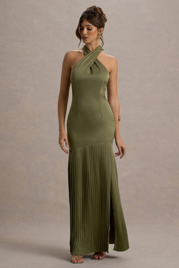 Sansa Khaki Satin Cross Halter-Neck Plisse Maxi Dress